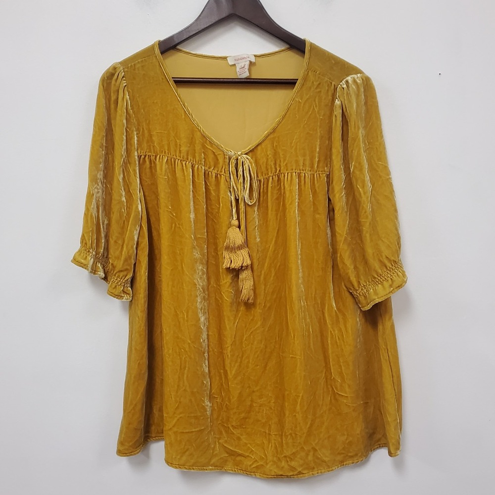 Sundance Womens Short Puff Sleeve Velvet Top Size L Yellow Boho Tassel V Neck